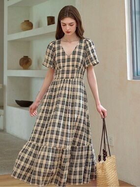 Simple Retro Plaid V-Neck Maxi Dress